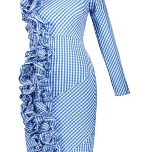 Brand new Blue Gingham Ruffle Dress Fashion checkered long sleeve pencil dress